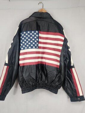Lucky Leather Co Jacket Mens XL Black USA Flag Genuine Leather Bomber Patriotic